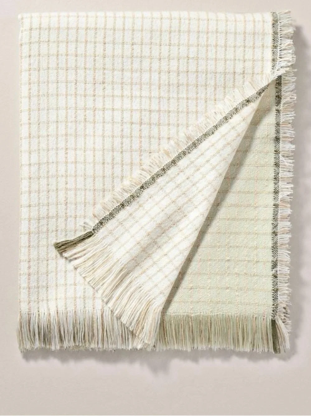 50x60 Hearth and Home by Magnolia Cream and Sage Plaid Fringe Throw Blanket
